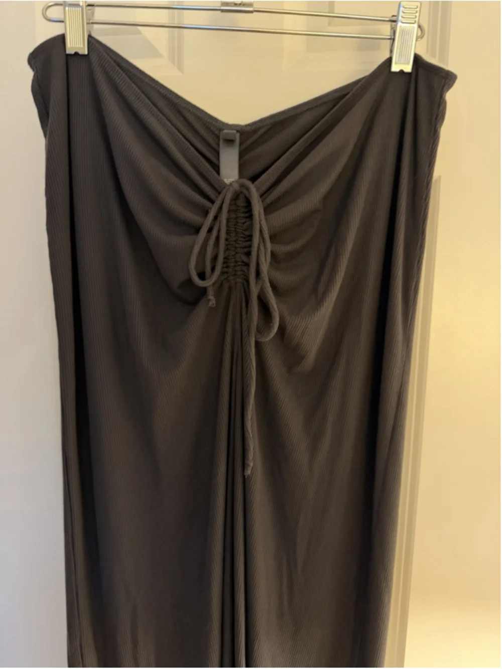 SKIMS Gray Ribbed Knit Ruched Drawstring Long Maxi Skirt Stretch Women's XL
